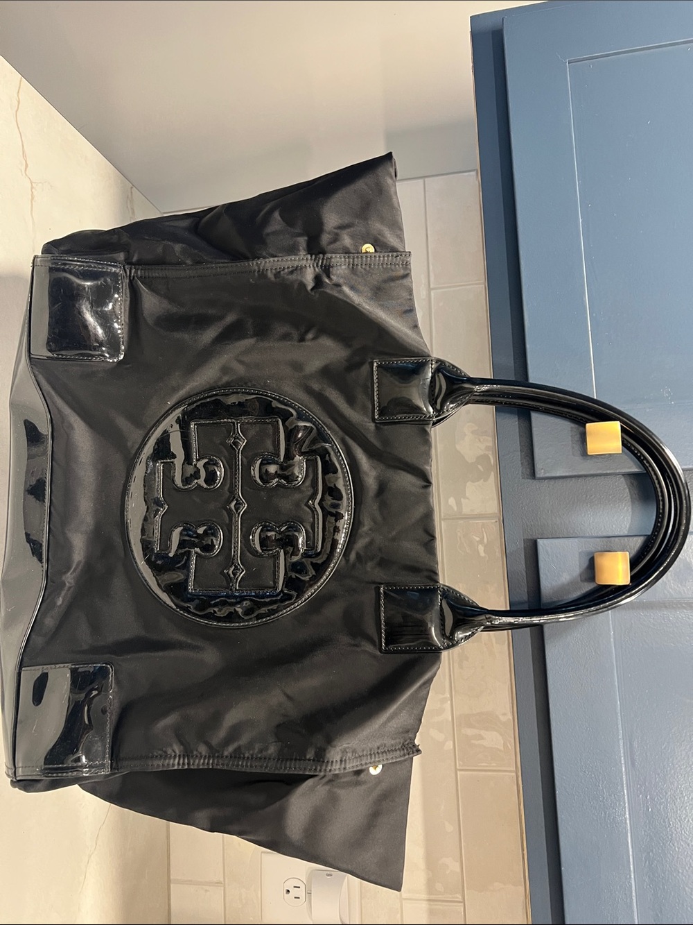 Tory Burch Black Nylon Tote with Patent Logo